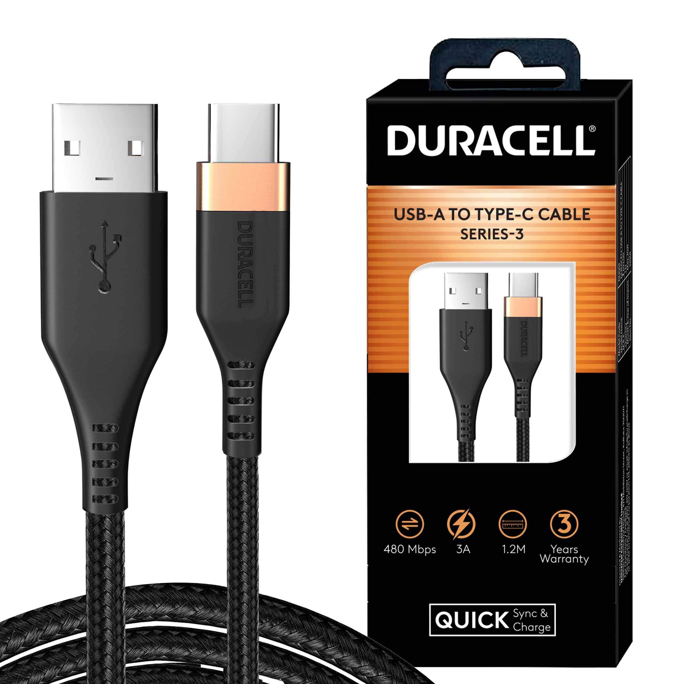 DURACELL USB-A To Type-C 1.2M braided Sync & Charge Cable (DU045)