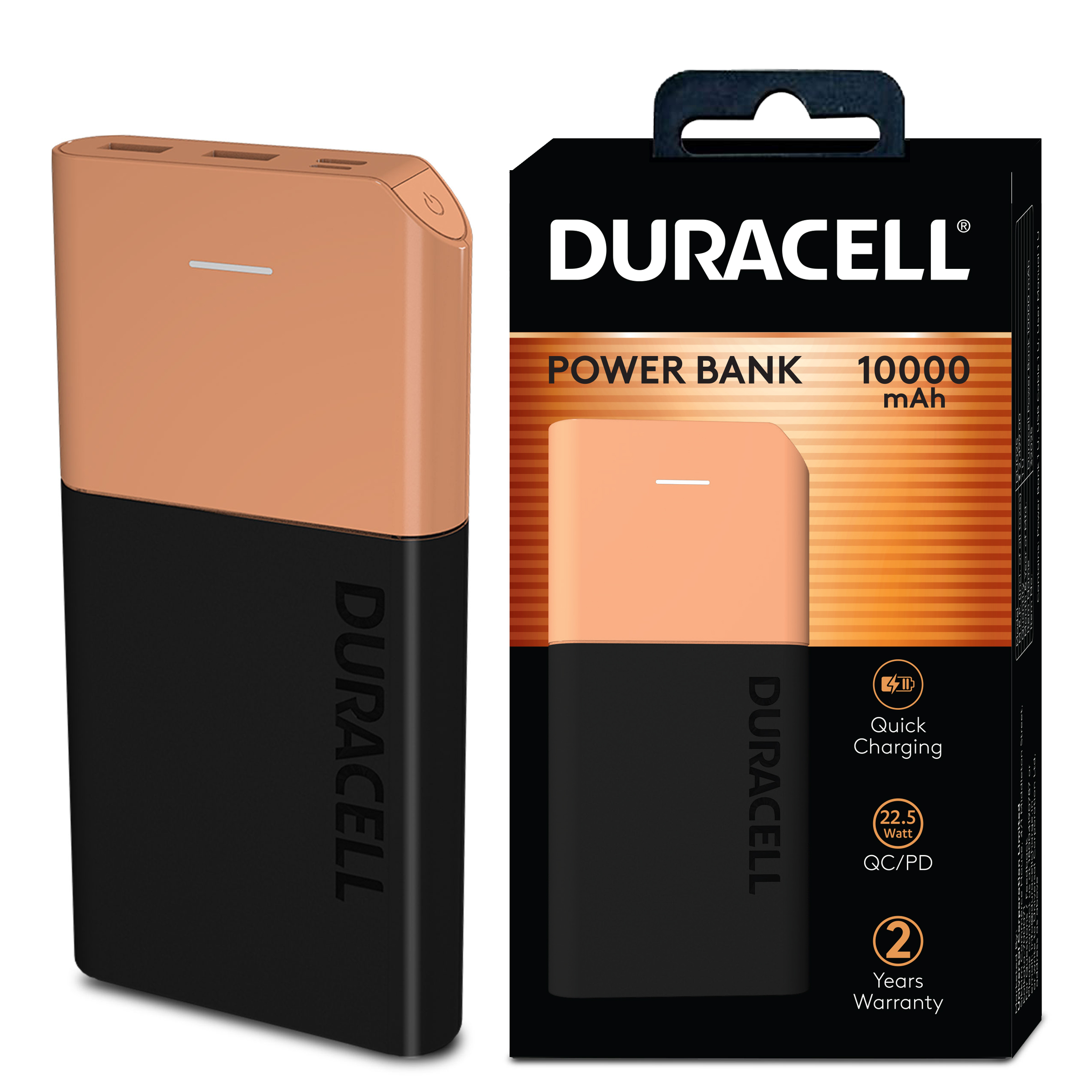 Duracell Power Bank 10000 mAh, Portable Charger, USB C/Micro USB Input, USB A/USB C output, Fast Charge Technology, 22.5W Power Delivery for Smartphones, Tablets, Headphones and USB – Powered Devices (DU025)