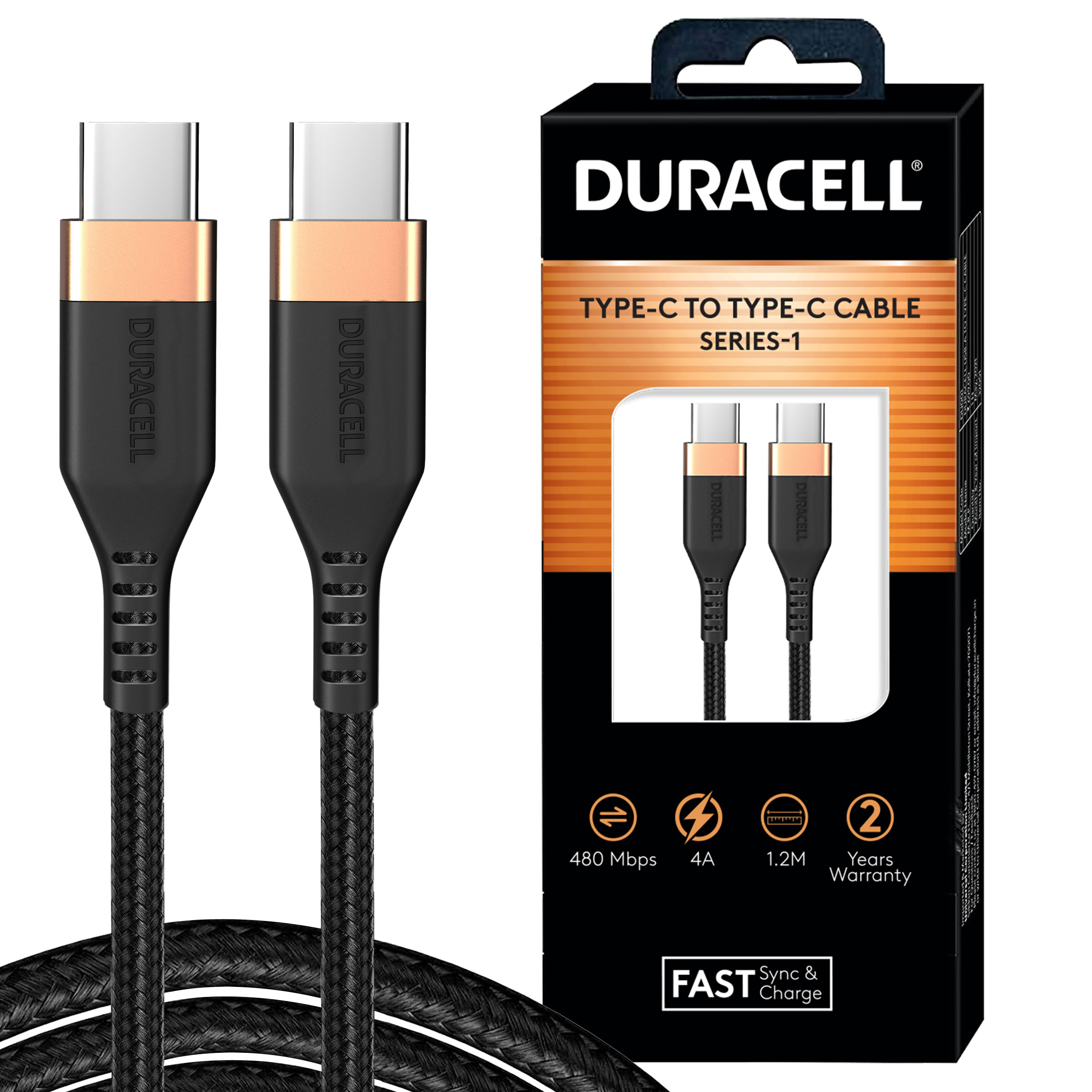 Duracell Usb Type C To Type C 4A(60W) Braided Sync& Charging Cable,Compatible With Mobile,Laptop,Tablets&Macbook,3.9 Feet(1.2M) Supports Power Delivery(Pd) With Rapid Data Transmission,Black (DU023)