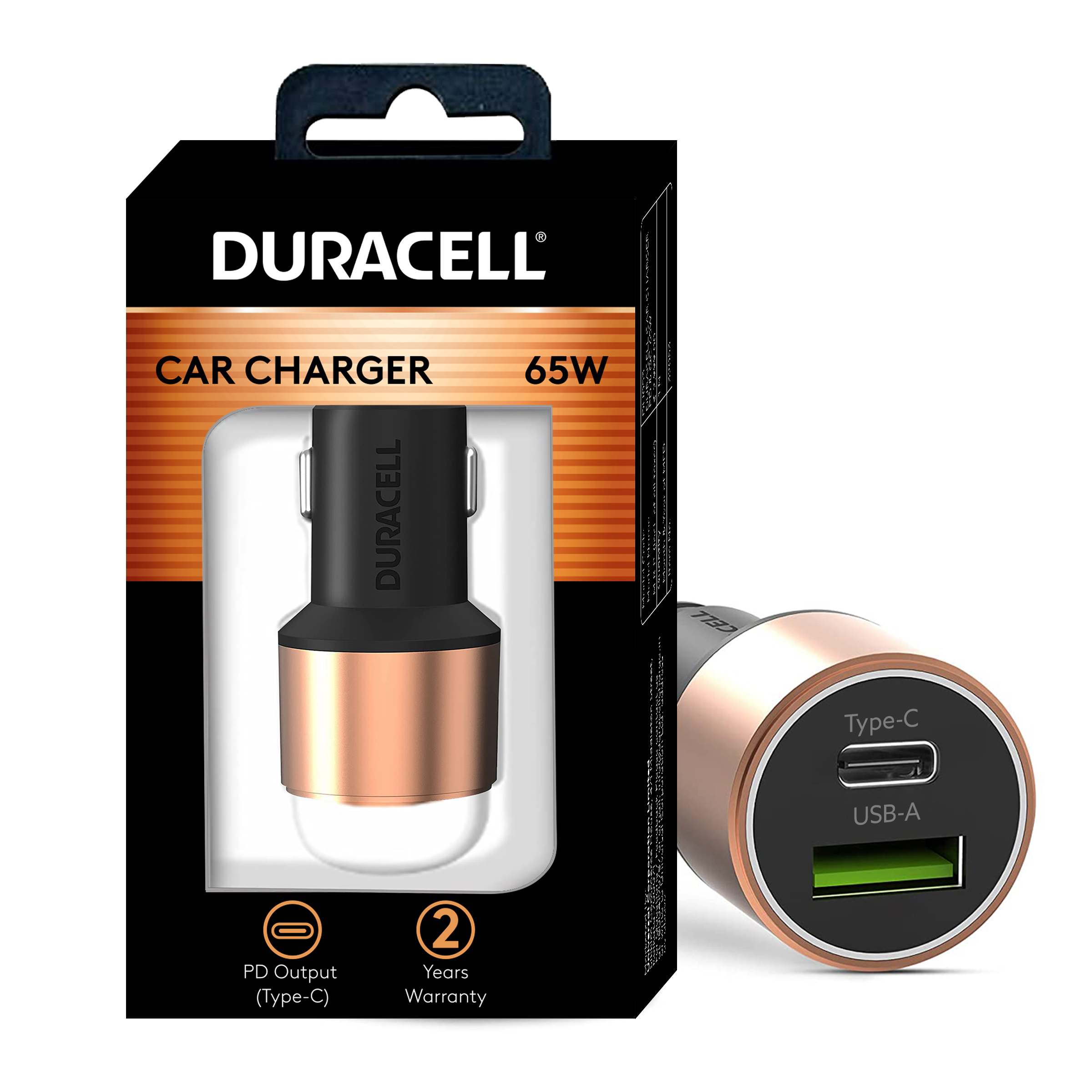 Duracell 65W Fast Car Charger Adapter with Dual Output. Quick Charge, Type C PD 45W & Qualcomm Certified 3.0 20W, Compatible for iPhone, All Smartphones, Tablets & More (Copper & Black) (DU053)